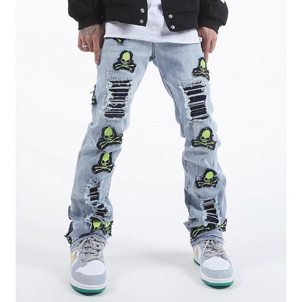 men's jeans harajuku frayed skull embroidery ripped hole washed mens streetwear straight vibe style oversized casual denim trousers, Blue
men's jeans harajuku frayed skull embroidery ripped hole washed mens streetwear straight vibe style oversized casual denim trousers, Blue