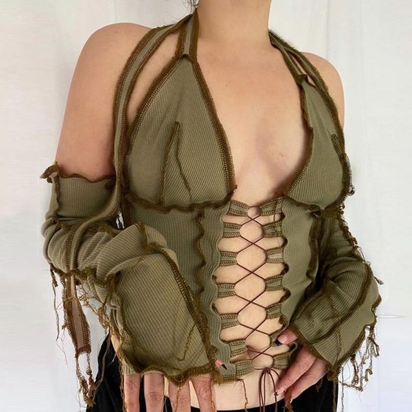 women's t-shirt simenual backless halter ribbed tie front women long sleeve hollow out lace up t shirts patchwork bodycon crop, White
women's t-shirt simenual backless halter ribbed tie front women long sleeve hollow out lace up t shirts patchwork bodycon crop, White
