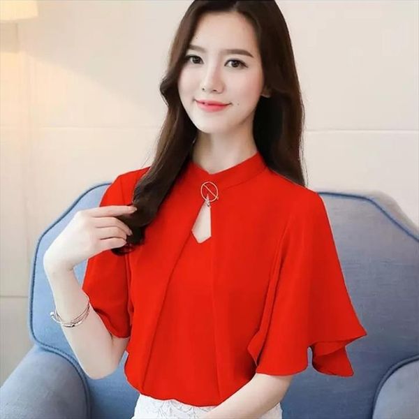 casual summer style chiffon short women shirt flare sleeve stand collar blusas df2854, White
casual summer style chiffon short women shirt flare sleeve stand collar blusas df2854, White