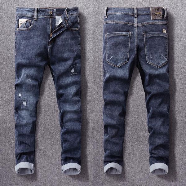 men's jeans korean style fashion men retro dark blue elastic slim ripped streetwear casual denim pencil pants 
men's jeans korean style fashion men retro dark blue elastic slim ripped streetwear casual denim pencil pants