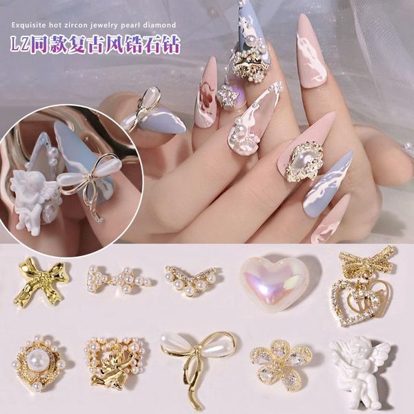 nail art decorations manicure zircon rhinestone jewelry autumn and winter high-end lz bow crystal flowers pearl ring stickers, Silver;gold