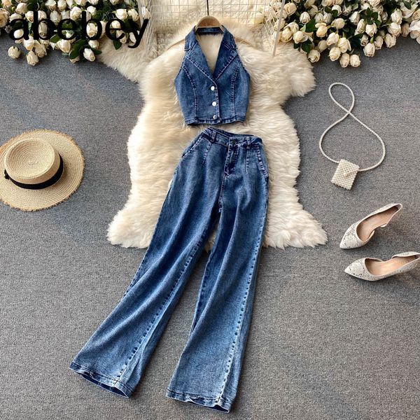 women summer korean retro denim set sleeveless backless strap short +high waist long pants two piece suits 210512, White
women summer korean retro denim set sleeveless backless strap short +high waist long pants two piece suits 210512, White