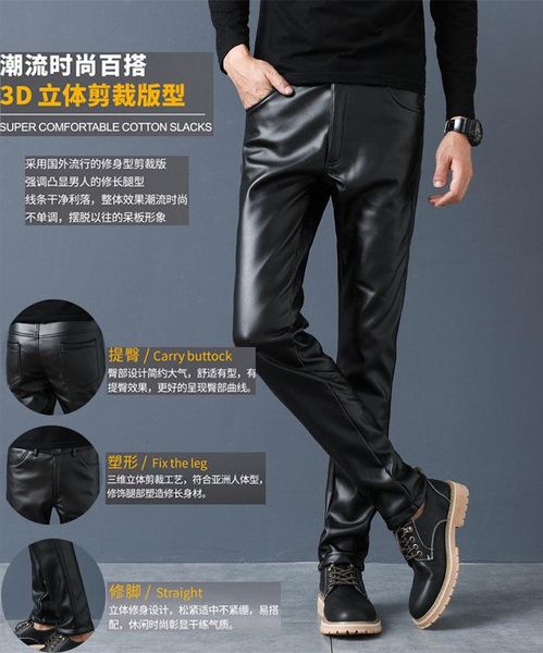 men's pants thoshine brand men leather slim fit elastic style spring summer fashion pu trousers motorcycle streetwear, Black
men's pants thoshine brand men leather slim fit elastic style spring summer fashion pu trousers motorcycle streetwear, Black