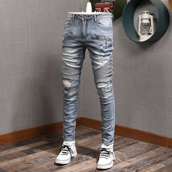 men's jeans american streetwear fashion retro blue elastic slim fit punk ripped patch designer hip hop denim biker pants ini1
men's jeans american streetwear fashion retro blue elastic slim fit punk ripped patch designer hip hop denim biker pants ini1