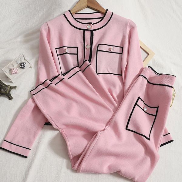 women's two piece pants autumn hit color o neck pink knitted sweater striped cardigan long sleeve high waist straight wide leg pant kn, White
women's two piece pants autumn hit color o neck pink knitted sweater striped cardigan long sleeve high waist straight wide leg pant kn, White