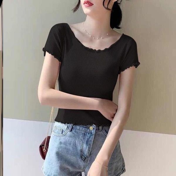 women's t-shirt short paragraph leaking umbilical short-sleeved wooden ears ladies solid color slim sweater, White
women's t-shirt short paragraph leaking umbilical short-sleeved wooden ears ladies solid color slim sweater, White