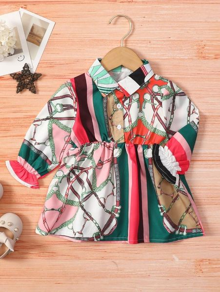 baby chain print flounce sleeve shirt dress she, Red;yellow 
baby chain print flounce sleeve shirt dress she, Red;yellow