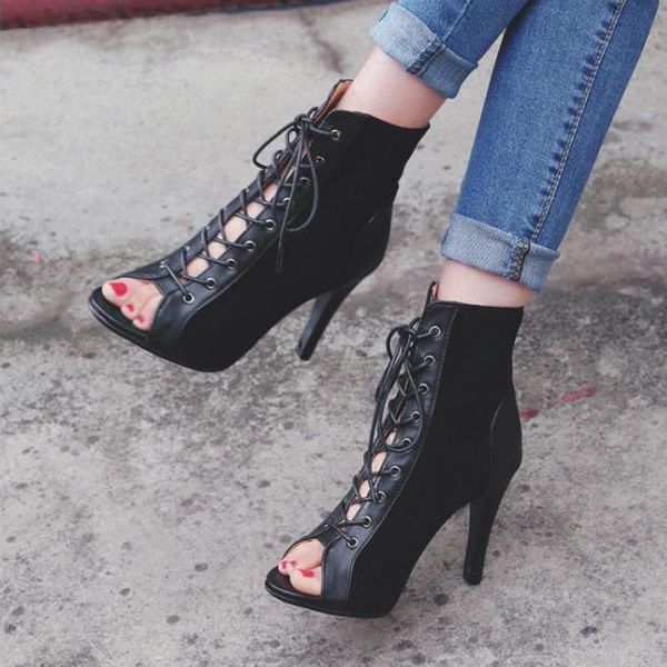 thin heel 9.5cm high peep toe women's summer large size 42 43 lace up short boots, Black
thin heel 9.5cm high peep toe women's summer large size 42 43 lace up short boots, Black