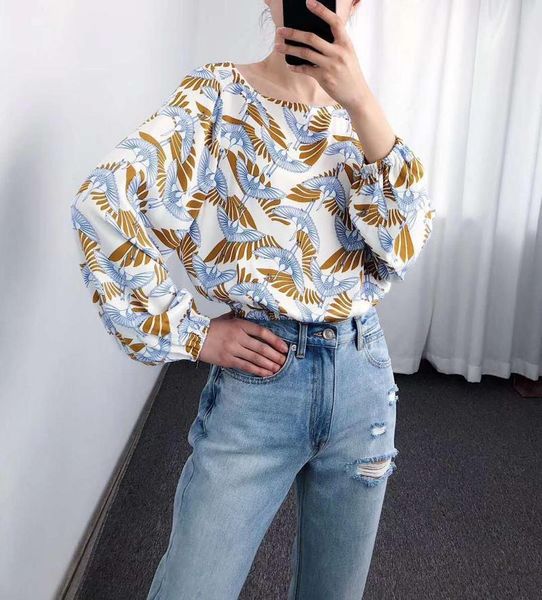 women's blouses & shirts 2021 autumn viscose bird print women slash neck elastic casual, White
women's blouses & shirts 2021 autumn viscose bird print women slash neck elastic casual, White