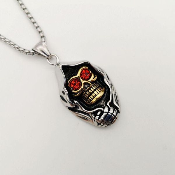 pendant necklaces 2 tone gold color 316l stainless steel cloaked skull necklace mens punk hiphop red eye men blkn0729, Silver
pendant necklaces 2 tone gold color 316l stainless steel cloaked skull necklace mens punk hiphop red eye men blkn0729, Silver
