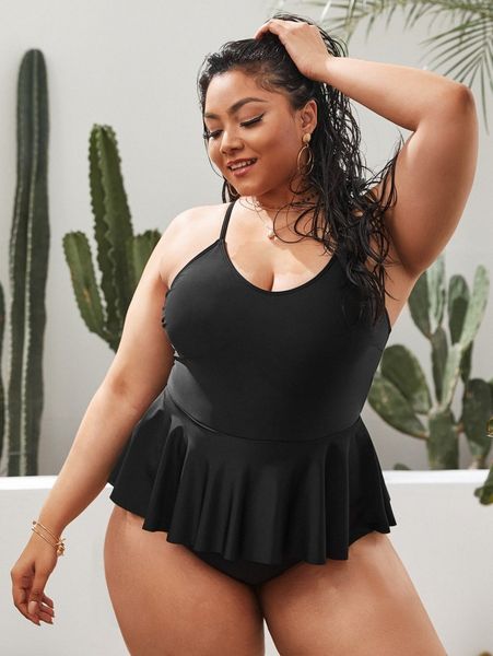 plus ruffle hem one piece swimsuit d7os#, Black