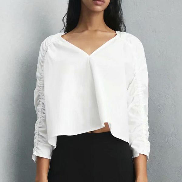 za summer folds blouse fashion sweet long sleeve v neck shirt womnen casual solid cotton ladies chic short ropa 210422, White
za summer folds blouse fashion sweet long sleeve v neck shirt womnen casual solid cotton ladies chic short ropa 210422, White