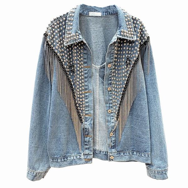women's jackets 2021 autumn streetwear denim jacket women hand-studded rivet tassel chain short jeans loose black coats, Black;brown
women's jackets 2021 autumn streetwear denim jacket women hand-studded rivet tassel chain short jeans loose black coats, Black;brown
