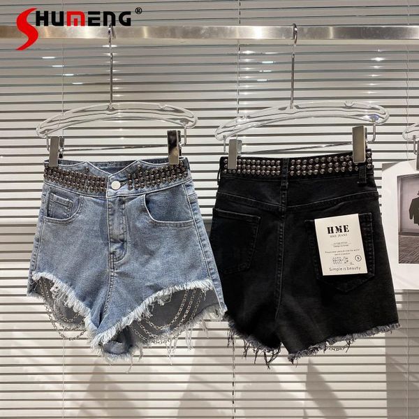 spring waist rivet beaded fringed hem chain burr three-point denim shorts women high jeans women's, Blue
spring waist rivet beaded fringed hem chain burr three-point denim shorts women high jeans women's, Blue