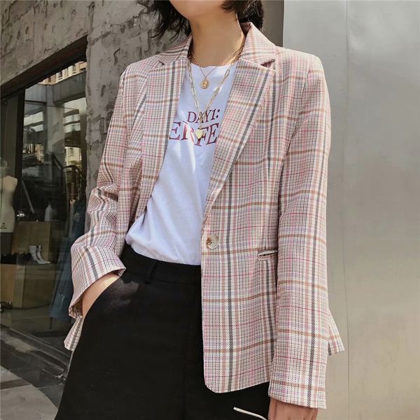 plaid long sleeve female blazer single button office ladies autumn winter casual outwear women jacket coat 210430, White;black 
plaid long sleeve female blazer single button office ladies autumn winter casual outwear women jacket coat 210430, White;black