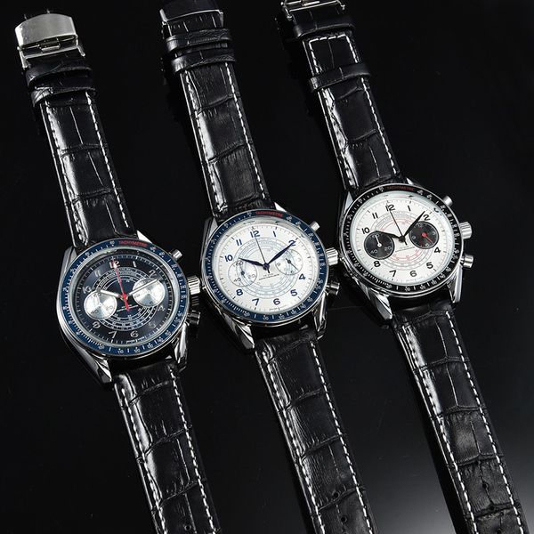 distinguished and elegant gentleman style men's watch with multi-function five hands equipped with design leather strap with 43mm dial, Slivery;brown