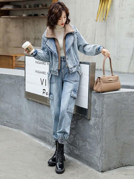women's two piece pants autumn and winter denim suit women foreign temperament plus velvet jacket loose two-piece, White
women's two piece pants autumn and winter denim suit women foreign temperament plus velvet jacket loose two-piece, White