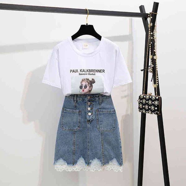 summer fashion women short sleeves o neck cotton t-shirt + lace patchwork denim skirts 2 pcs sets casual suits 210428, White
summer fashion women short sleeves o neck cotton t-shirt + lace patchwork denim skirts 2 pcs sets casual suits 210428, White