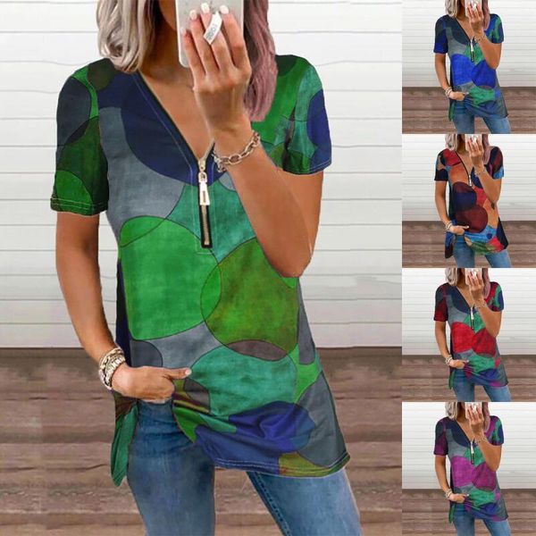 women's t-shirt front zipper blouse summer fashion v-neck printed loose short sleeve shirt lady casual pullovers g30, White 
women's t-shirt front zipper blouse summer fashion v-neck printed loose short sleeve shirt lady casual pullovers g30, White