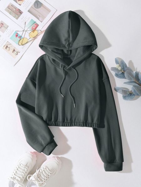 elastic hem drawstring thermal crop hoodie 16ao#, White;black 
elastic hem drawstring thermal crop hoodie 16ao#, White;black