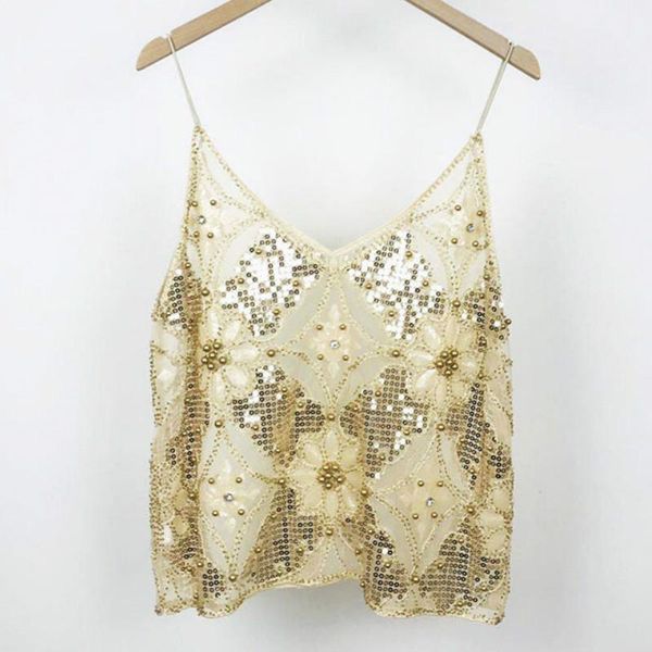 hollow out women lace camis bead work tanks bling gold sequins women's &, White 
hollow out women lace camis bead work tanks bling gold sequins women's &, White