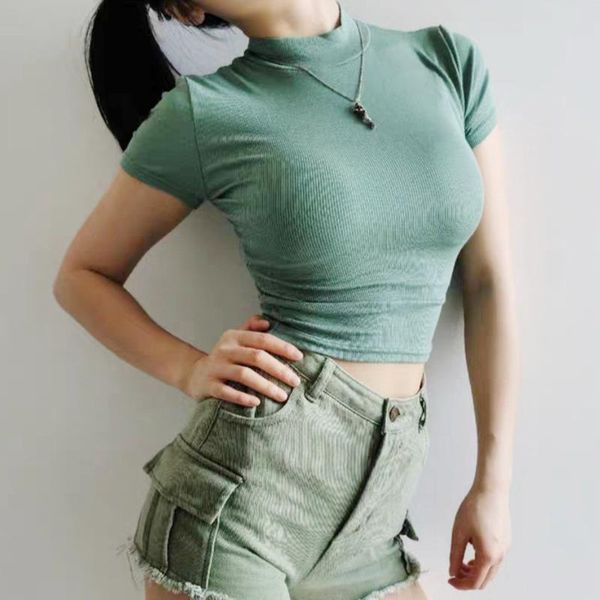 women's t-shirt 2021 europe summer women high neck fitted short sleeve rib elasticity knitting girl female t shirt b778, White
women's t-shirt 2021 europe summer women high neck fitted short sleeve rib elasticity knitting girl female t shirt b778, White