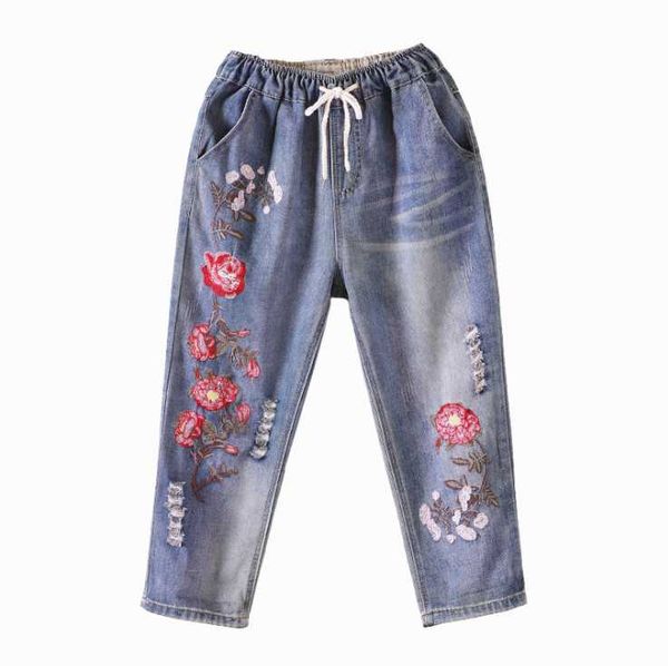women's jeans retro style embroidery woman ladies elastic waist hole denim cropped pants loose harem women casual, Blue
women's jeans retro style embroidery woman ladies elastic waist hole denim cropped pants loose harem women casual, Blue