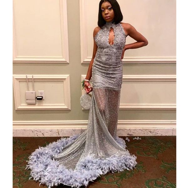 black girls halter prom dresses silver lace appliques mermaid sweep train sequins feather south africa style formal evening occasion dress 
black girls halter prom dresses silver lace appliques mermaid sweep train sequins feather south africa style formal evening occasion dress
