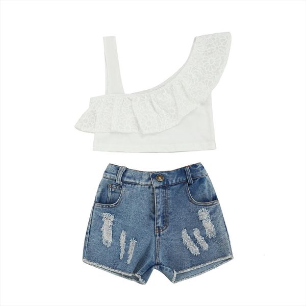 1 6y summer fashion girls clothes sets lace flowers one shoulder vest blue denim shorts 2pcs, White
1 6y summer fashion girls clothes sets lace flowers one shoulder vest blue denim shorts 2pcs, White