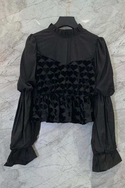 stand-up collar puff sleeve stitching velvet printed short shirt womens autumn european and american new 9p, White
stand-up collar puff sleeve stitching velvet printed short shirt womens autumn european and american new 9p, White