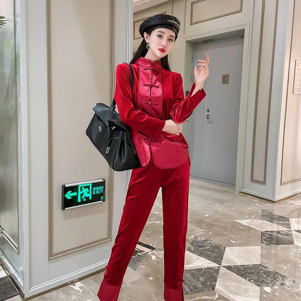 women's two piece pants vintage chinese style stand collar single breasted gold velvet women outfits casual long sleeve pant plus size, White
women's two piece pants vintage chinese style stand collar single breasted gold velvet women outfits casual long sleeve pant plus size, White