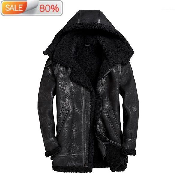 men's leather & faux genuine jacket men hooded winter sheepskin coat vintage real wool fur coats jackets b23295, Black
men's leather & faux genuine jacket men hooded winter sheepskin coat vintage real wool fur coats jackets b23295, Black