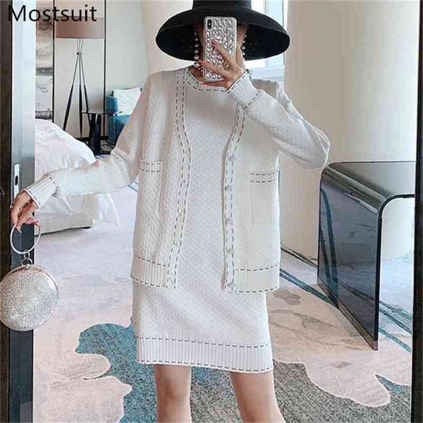 autumn korean elegant fashion knitted two piece sets women single-breasted cardigan + short sleeve mini dress suits outfits 210513, White
autumn korean elegant fashion knitted two piece sets women single-breasted cardigan + short sleeve mini dress suits outfits 210513, White