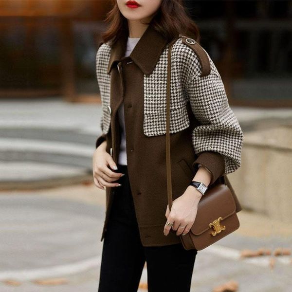 women's wool & blends winter manteau femme patchwork plaid coat jacket women female outwear, Black
women's wool & blends winter manteau femme patchwork plaid coat jacket women female outwear, Black