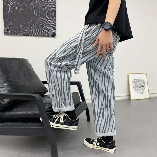 spring and summer zebra striped jeans men's trend straight wide-leg loose drawstring casual trousers, Blue
spring and summer zebra striped jeans men's trend straight wide-leg loose drawstring casual trousers, Blue