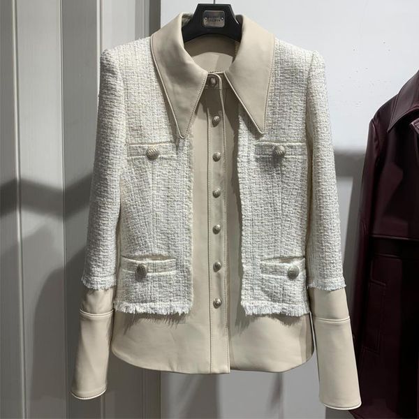 women's leather & faux ladies slim jacket spliced with tweed coming sheepskin coat, Black 
women's leather & faux ladies slim jacket spliced with tweed coming sheepskin coat, Black