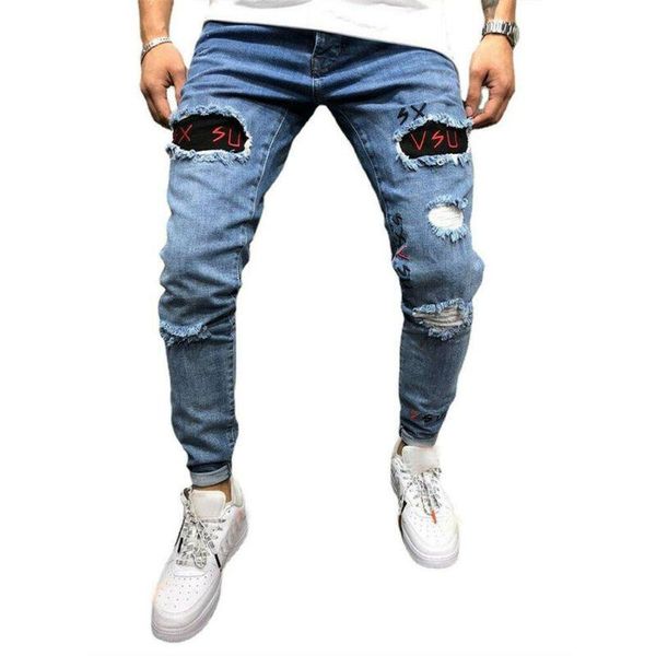 men's jeans men ripped skinny pencil pants fashion hole patchwork zipper summer full length distressed denim trousers high quality, Blue
men's jeans men ripped skinny pencil pants fashion hole patchwork zipper summer full length distressed denim trousers high quality, Blue