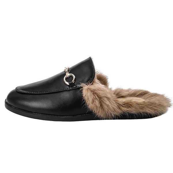 fur all-match women's shoes slippers outer wear baotou half women mules, Black
