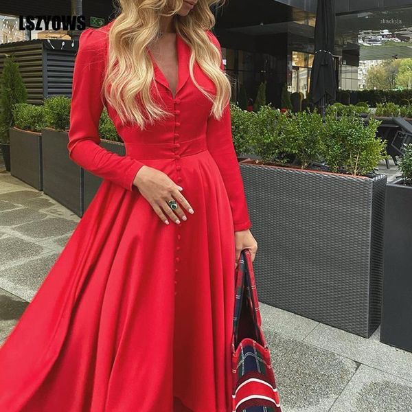 v neck satin midi dress women autumn long sleeve buttons office ladies elegant solid female a-line party vestidos red casual dresses, Black;gray
v neck satin midi dress women autumn long sleeve buttons office ladies elegant solid female a-line party vestidos red casual dresses, Black;gray