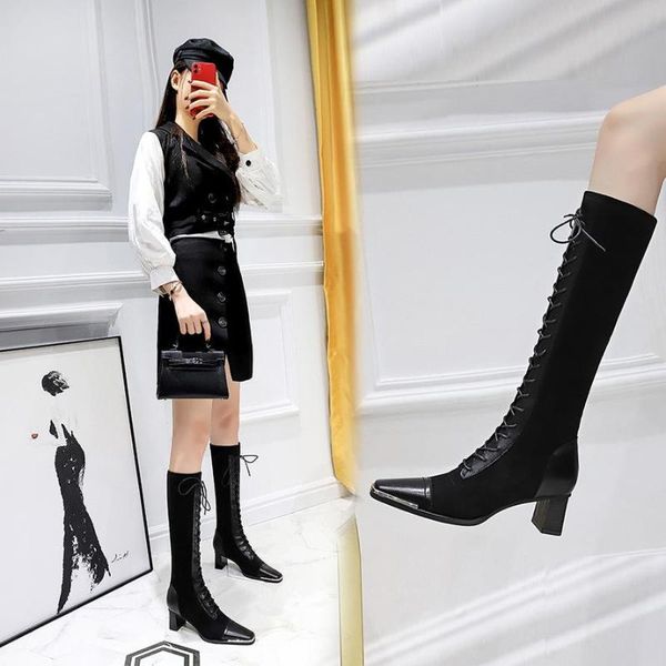 european and american fashion thick-heel high-heel metal square-toe suede splicing cross straps with high boots, Black
european and american fashion thick-heel high-heel metal square-toe suede splicing cross straps with high boots, Black