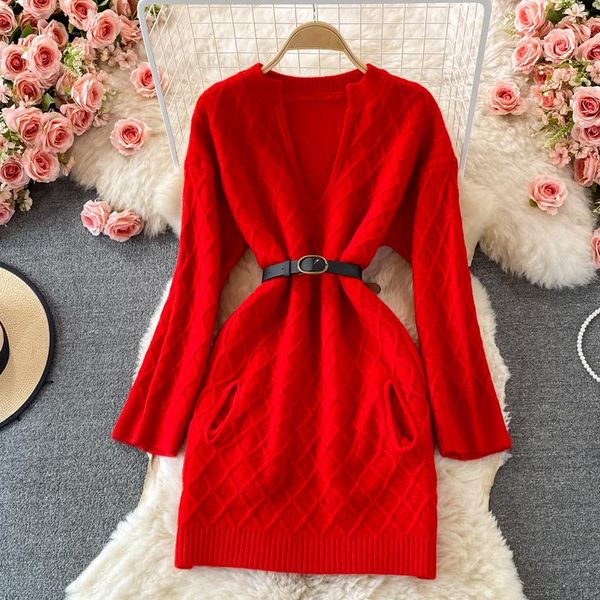 casual dresses women red sweater dress 2021 autumn winter elegant v-neck long sleeve pullover knit korean female mini with belt, Black;gray
casual dresses women red sweater dress 2021 autumn winter elegant v-neck long sleeve pullover knit korean female mini with belt, Black;gray