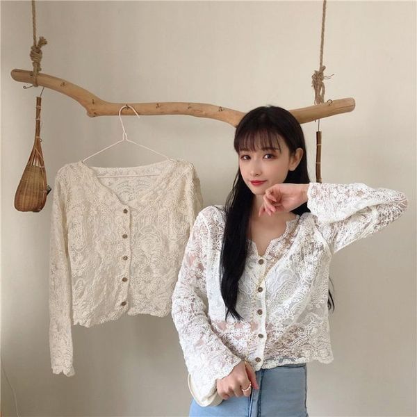 women's blouses & shirts 2021 lace wispy shirt female korean v-neck fashion sweet age reducing temperament foreign style cardigan, White
women's blouses & shirts 2021 lace wispy shirt female korean v-neck fashion sweet age reducing temperament foreign style cardigan, White