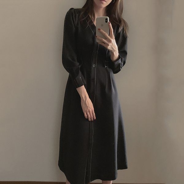dress for women black khaki long sleeve clothing korean style dresses v-neck single breasted mid-calf elegant fashion, Black;gray
dress for women black khaki long sleeve clothing korean style dresses v-neck single breasted mid-calf elegant fashion, Black;gray