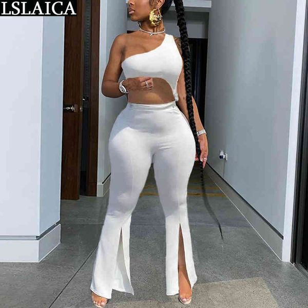 women's office suit solid one shoulder crop flare pants high waist elastic summer street party club two piece set 210520, White
women's office suit solid one shoulder crop flare pants high waist elastic summer street party club two piece set 210520, White