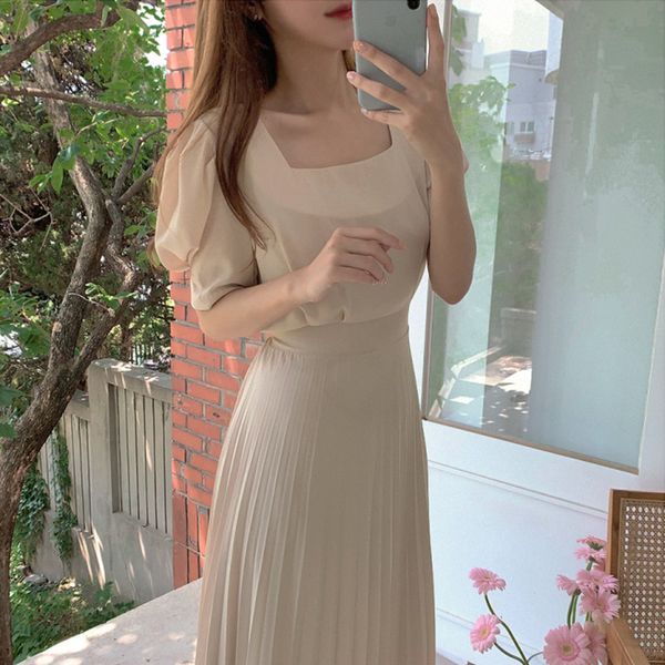 woman dress korean style chic casual short sleeve clothing pleated high waist 2021 empire dresses mid-calf beige sashes, Black;gray
woman dress korean style chic casual short sleeve clothing pleated high waist 2021 empire dresses mid-calf beige sashes, Black;gray