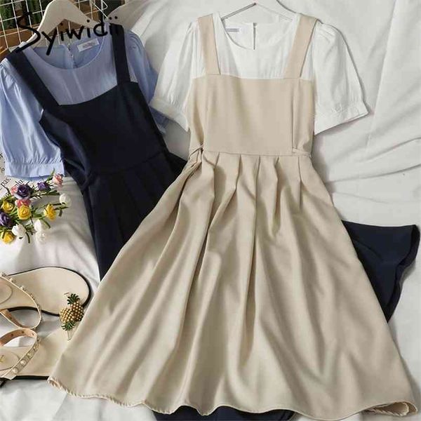 fake 2 pieces dress for women summer o neck short puff sleeve with belt casual a-line midi dresses blue black 210607, Black;gray
fake 2 pieces dress for women summer o neck short puff sleeve with belt casual a-line midi dresses blue black 210607, Black;gray
