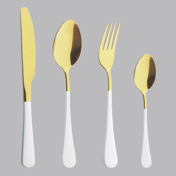 4pcs mirror white gold dinnerware set stainless steel knife fork spoon cutlery kitchen tableware flatware wholesale sets