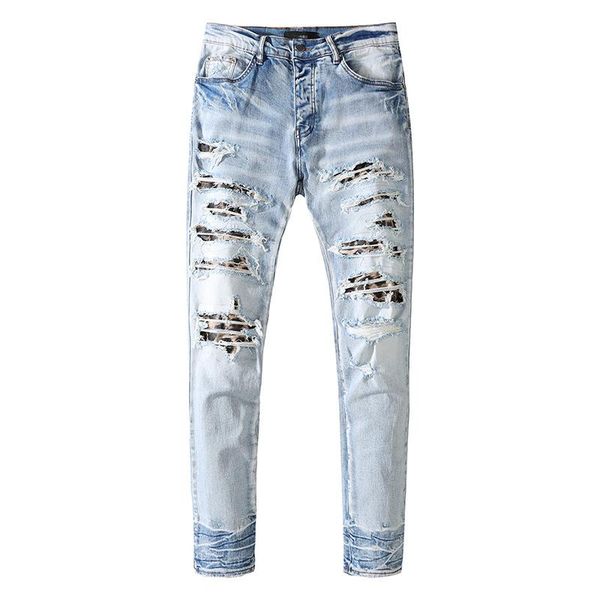 men's jeans male fashion blue ripped wash water leopard patch trousers trendy slim for young men denim pants
men's jeans male fashion blue ripped wash water leopard patch trousers trendy slim for young men denim pants