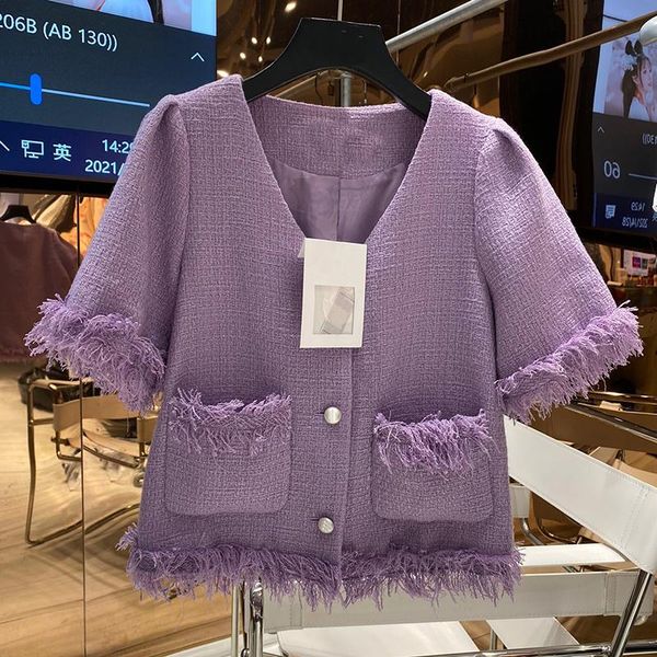 women's jackets blue purple thin solid tassel tweed jacket for women v-neck short sleeve coats single breasted outerwear lady 2, Black;brown
women's jackets blue purple thin solid tassel tweed jacket for women v-neck short sleeve coats single breasted outerwear lady 2, Black;brown