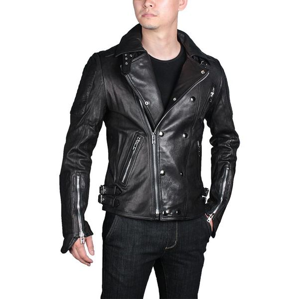 men's leather & faux genuine jacket vegetable tanned sheepskin lapel diagonal zipper motorcycle cycling jersey, Black
men's leather & faux genuine jacket vegetable tanned sheepskin lapel diagonal zipper motorcycle cycling jersey, Black